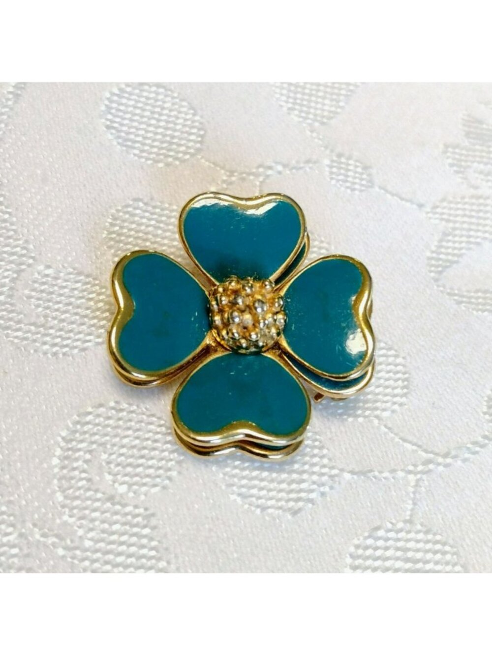 Vintage Craft Enamel Brooch, 4-Leaf Clover, Gold Tone Teal Flower Pin, Heart